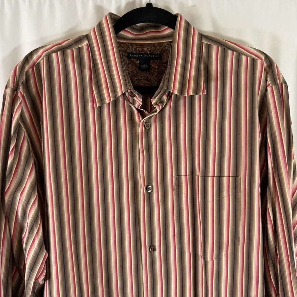 Banana Republic Dress Shirt Men's Large Brown Striped Button Up Long Sleeve